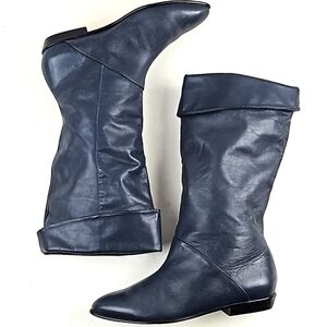 Vintage 80s Studio 10 Navy Leather Almond Toe Foldover Pull On Slouch Boot